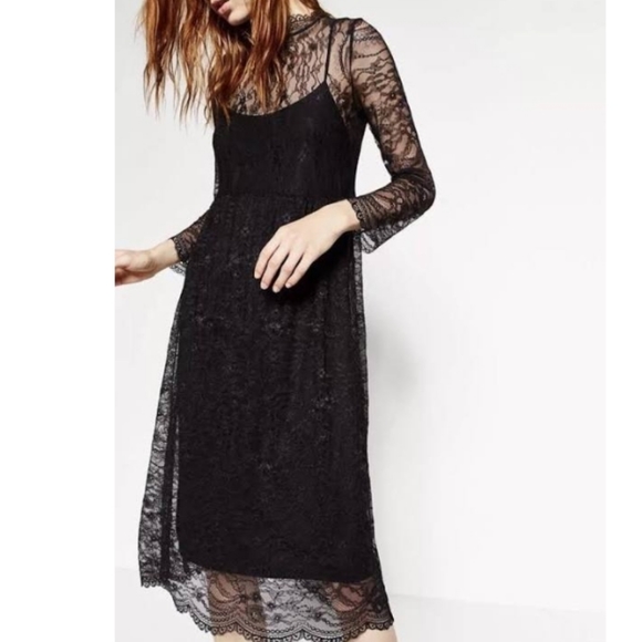 Zara Dresses & Skirts - Zara black lace overlay goth inspired midi dress